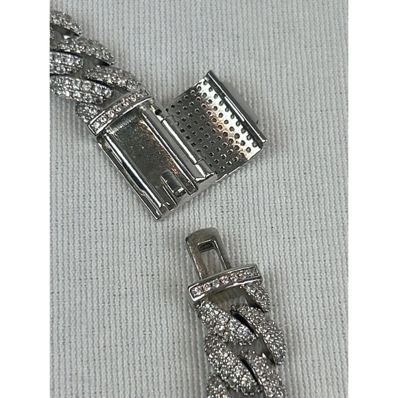 Mens Iced Cuban Link Chain Bracelet Silver Color With Box Clasp Rhinestones - Picture 4 of 8